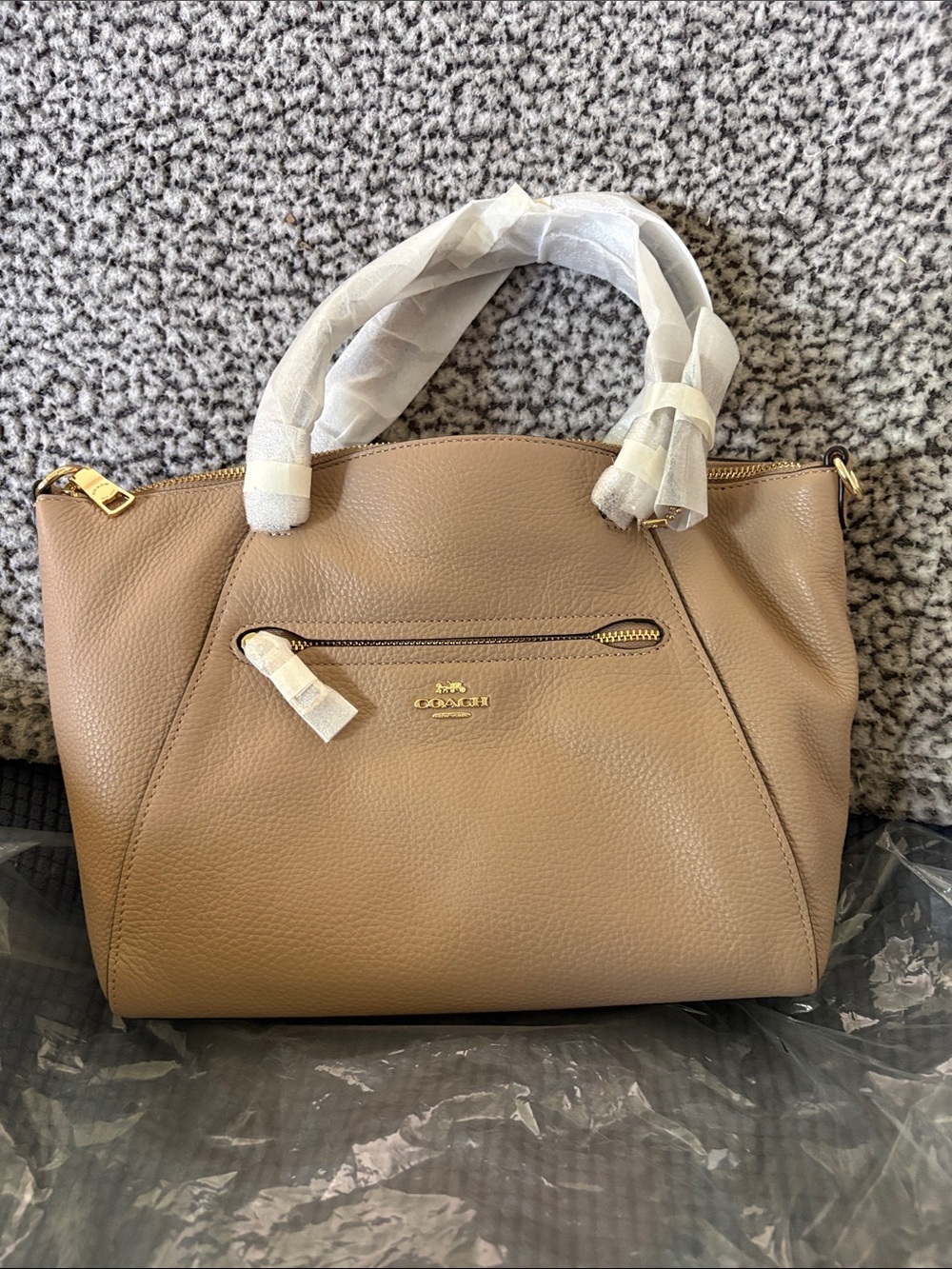 Coach Pebbled Leather Prairie Satchel in Taupe Brown with Gold Hardware